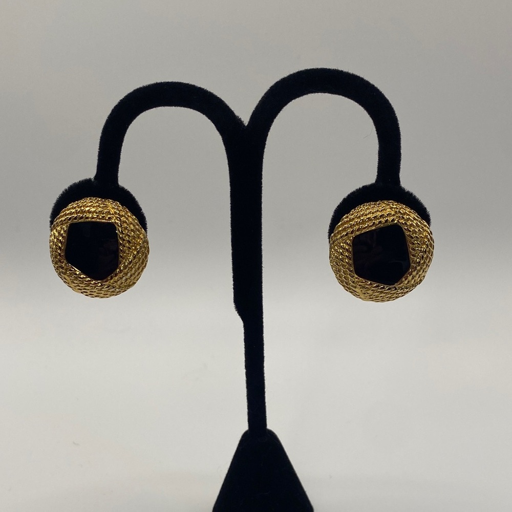 Vintage Monet Clip On Earrings Textured Gold Tone Black Enamel Center